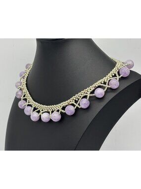 Artisan-Made 12mm Amethyst and Silver Seed Bead Necklace W/Sterling Silver Clasp